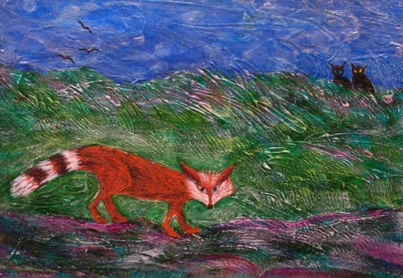 1-Jane-O-Malley--Early-Morning-Visit-from-Mr.-Fox...--2012--gouache--acrylic---gesso-on-card--16.5-x-24-cm_670